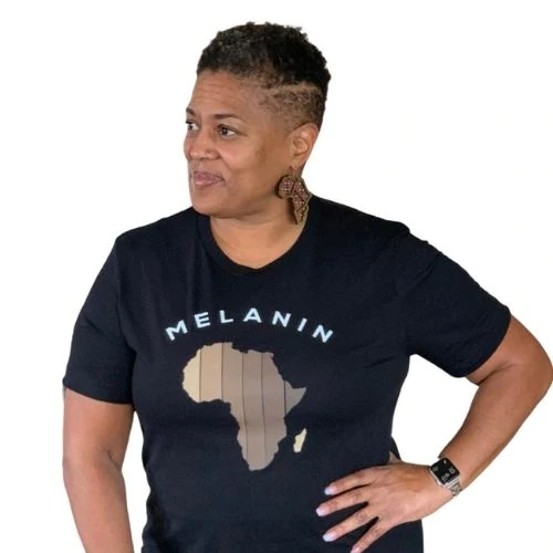 black woman wearing t-shirt with african continent